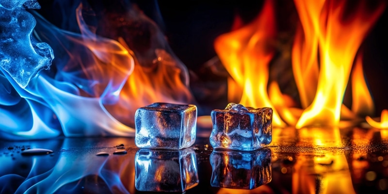 Fire and ice cubes in a fiery dark background Hot and cold Contrast opposites. advantages of hooked-cold drawn stainless-steel needles - Refractory Anchors Inc