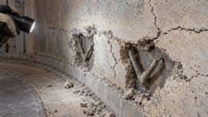 Damaged refractory lining with exposed V-shaped metal anchors during a furnace maintenance inspection. refractory failure causes - RAI ChatGPT Image